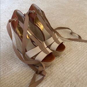Michael Kors Beige & Brown Canvas Leather Espadrille Wedge Sandals